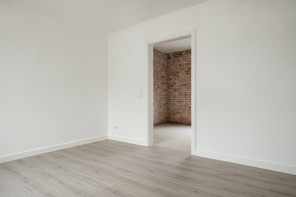 Fertig ausgebauter heller Innenraum mit gestrichenen Wänden